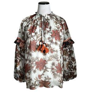 Hemant & Nandita Floral Boho Chiffon Peasant Blouse Bell Sleeves Size S